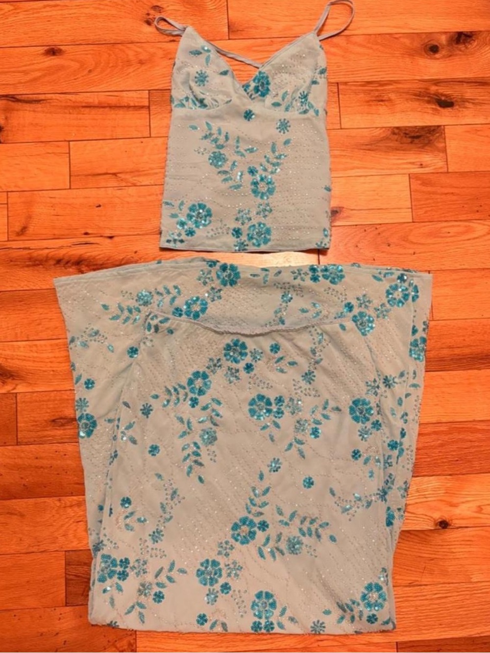 SHEIN Light Blue Floral Sequin Camisole and Maxi Skirt Set